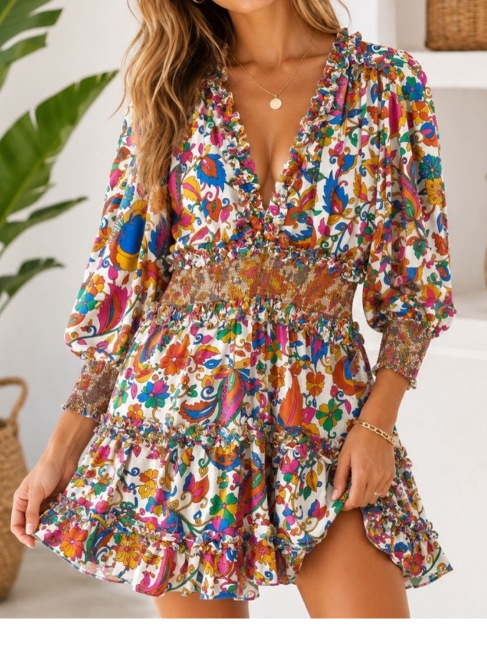 House of Harlow 1960 women XS V Neck Multicolor Floral ruffle tiered Mini Dress